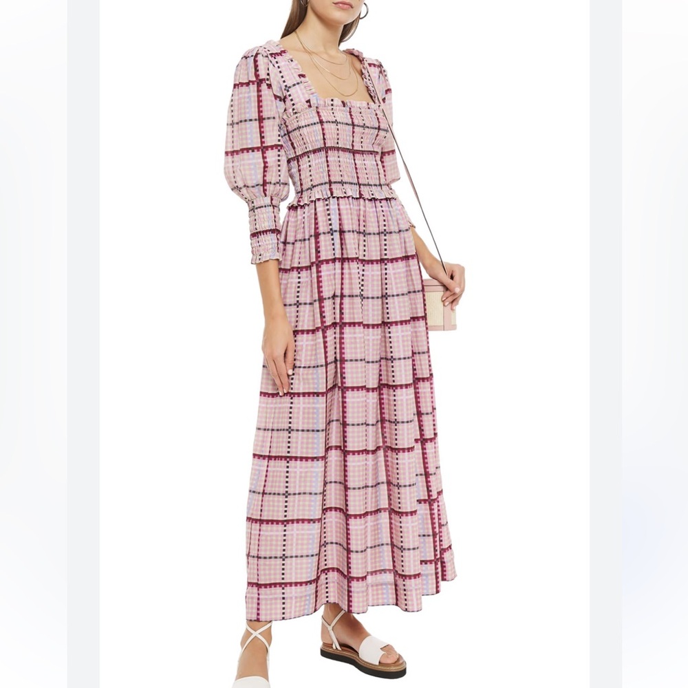 Ganni Shirred Moonlight Mauve Plaid Checked Dress